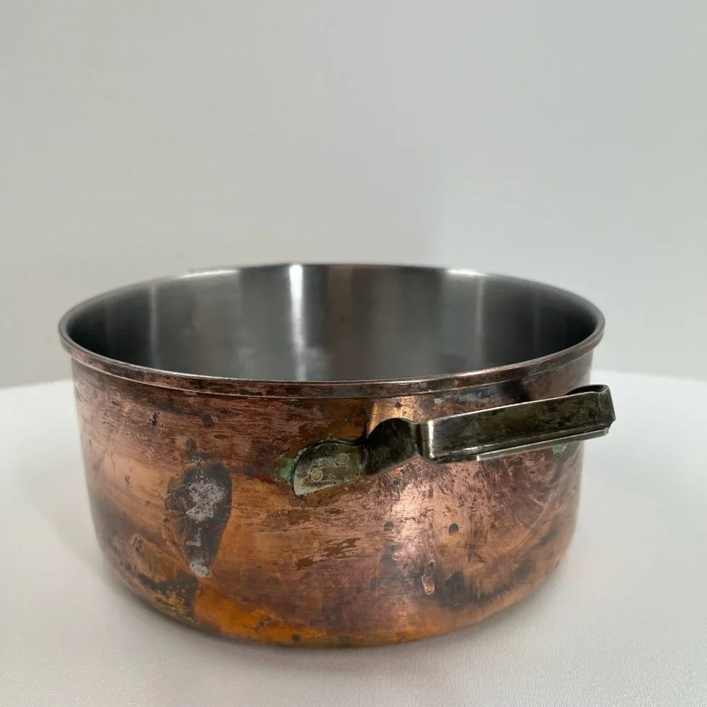 Vintage Copper Pot Stainless Steel Lined 9" Casserole Dual Brass Handles - Picture 3 of 11